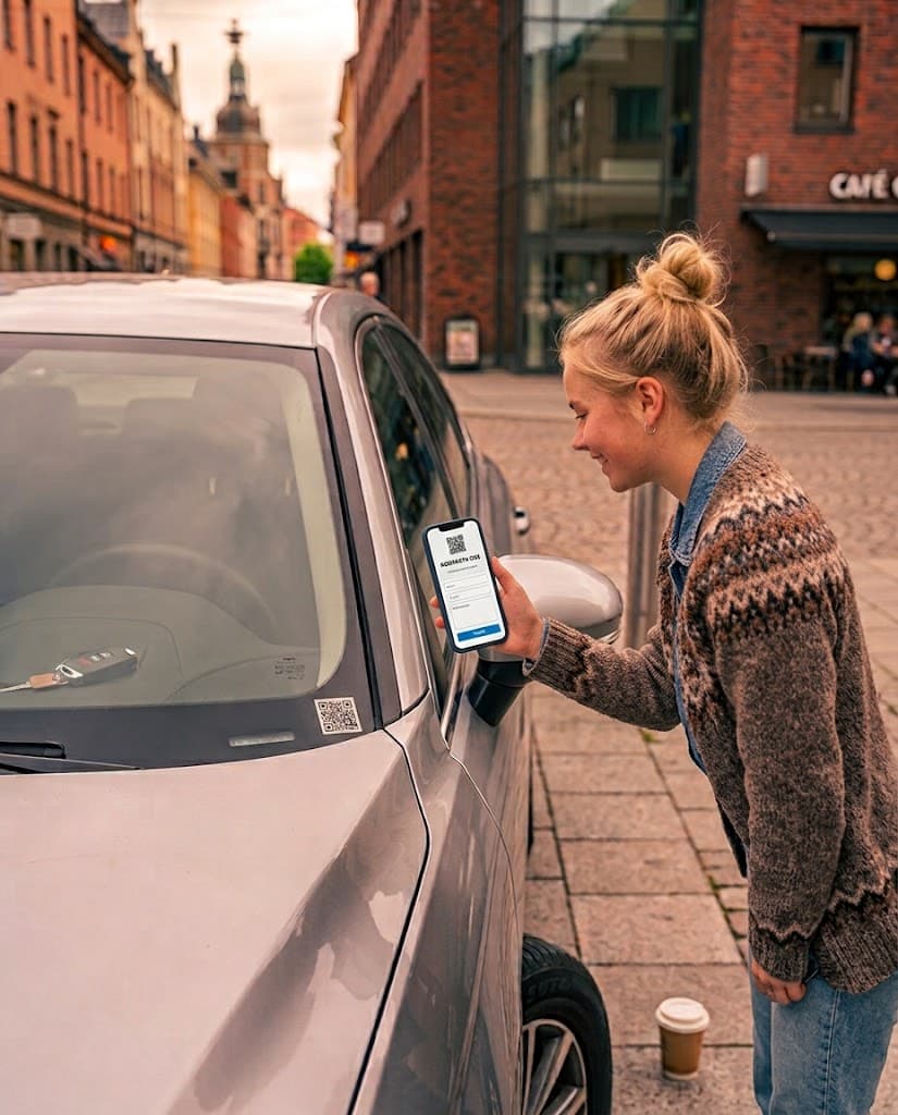 En kvinna scannar en QR-kodsdekal på en bilruta med sin mobil.