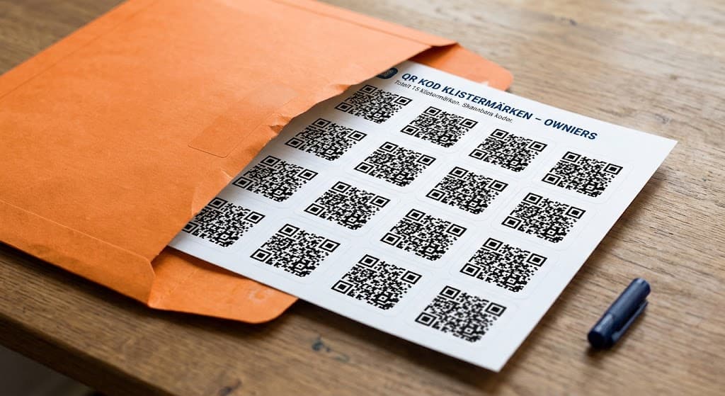 Ett ark med owniers QR-kodsklistermärken i ett kuvert på ett träbord.